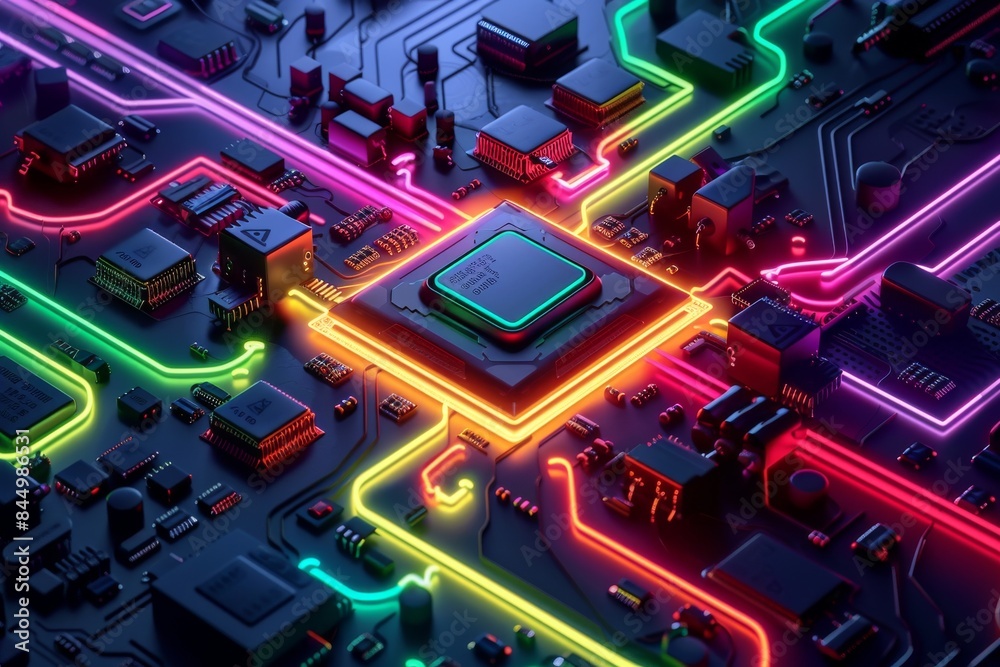 AI processor with neon circuits on a digital motherboard, showcasing advanced technology and innovation AI processor with neon circuits on a digital motherboard, showcasing advanced technology and innovation