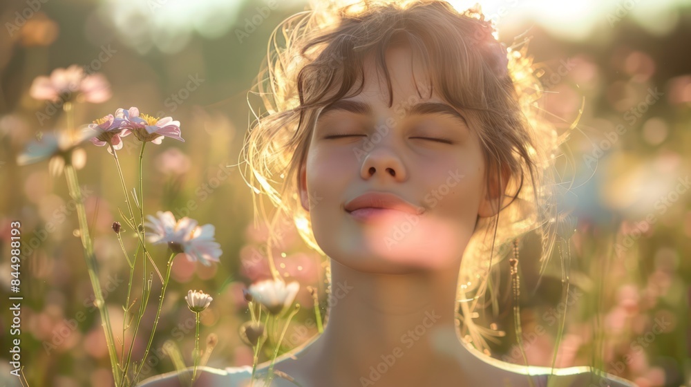 Serene Woman Enjoying Gentle Breeze Outdoors Serene Woman Enjoying Gentle Breeze Outdoors