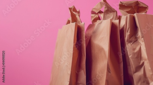 Wallpaper Mural Food delivery concept depicted in close up of brown eco bags on pink background Torontodigital.ca