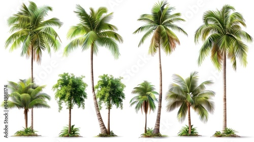 Tropical Palms and Coconuts for Architectural Design and Decoration on White Background