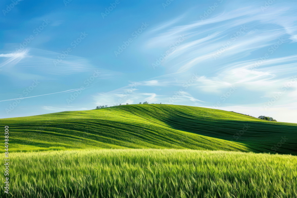 Naklejka premium Smooth meadow on the hill with blue sky, beautiful landscape