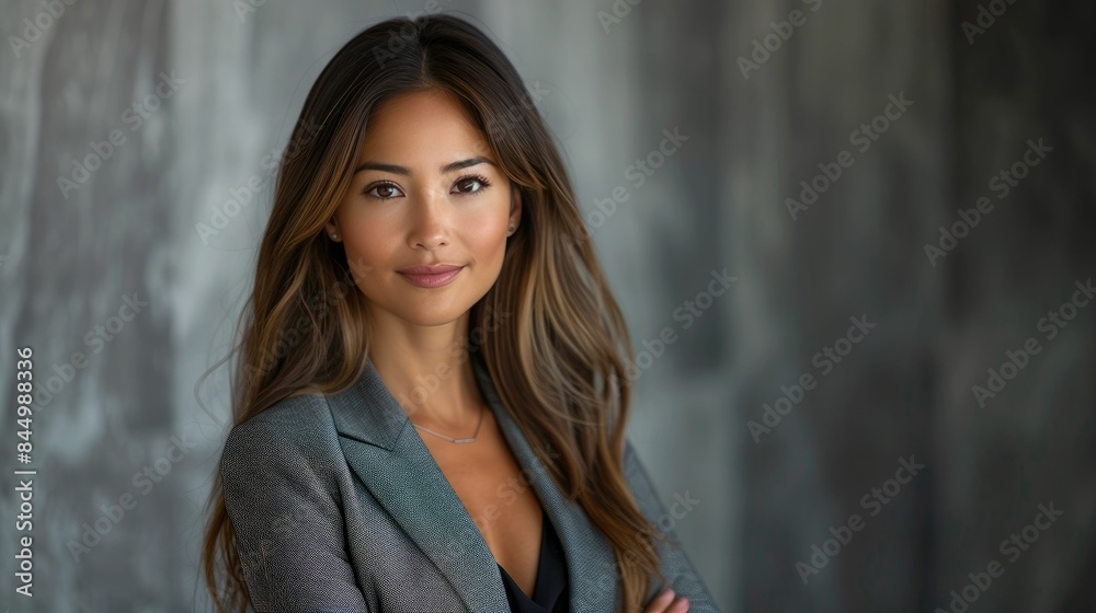 Fototapeta premium Professional woman with long hair in a grey blazer standing confidently in front of a blurred background 