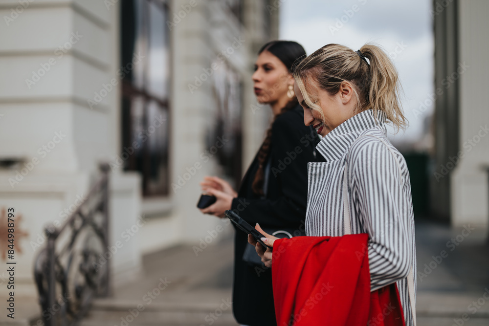 Two young female entrepreneurs engaging in a casual outdoor business discussion, focusing on market trends and profit growth. Two young female entrepreneurs engaging in a casual outdoor business discussion, focusing on market trends and profit growth.
