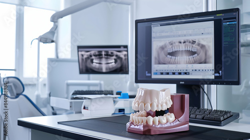 CAD CAM dental computer-aided machine in a highly modern dental laboratory for prosthesis and crowns milling. Dentistry, prostodontics, prosthetics and medical computer technology concept