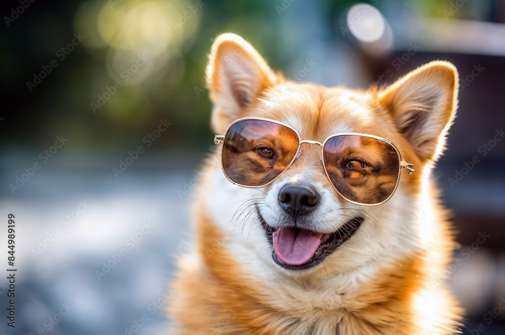 Cheerful Corgi Dog Wearing Sunglasses in Sunlit Outdoor Setting