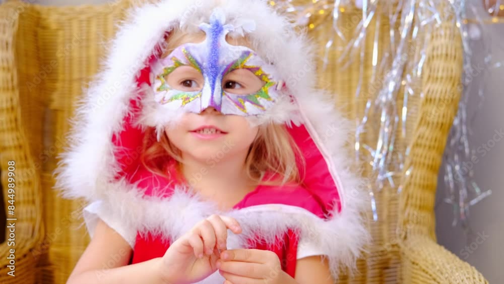 child, girl wearing mask and Santa Claus costume difficulty trying open box with New Year's gift, surprise advent calendar, Christmas Holiday Entertainment, festive celebrations, Imagination Childhood child, girl wearing mask and Santa Claus costume difficulty trying open box with New Year's gift, surprise advent calendar, Christmas Holiday Entertainment, festive celebrations, Imagination Childhood