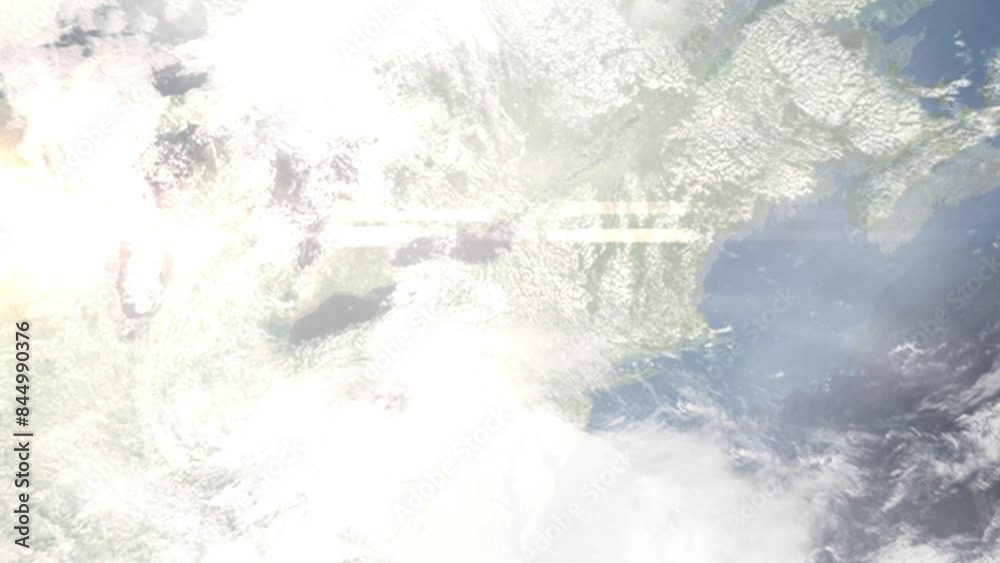 Earth zoom in from space and focus on Auburn, New York, USA. Background for travel intro or blog. Satellite view. 3D style Animation. Images from NASA.