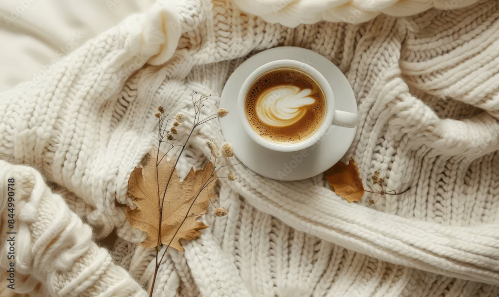 Coffee cup with autumn dried leaves and flowers on knitted blanket or sweater background. Cozy fall composition with copy space. Flat lay, top view Coffee cup with autumn dried leaves and flowers on knitted blanket or sweater background. Cozy fall composition with copy space. Flat lay, top view