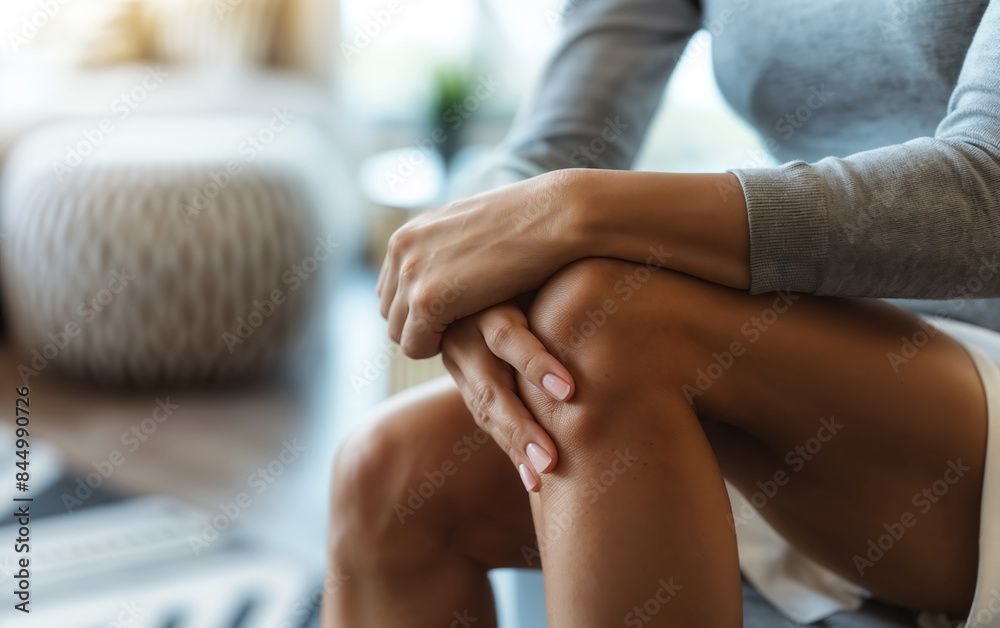 Woman sitting on sofa at home suffering from knee pain Woman sitting on sofa at home suffering from knee pain