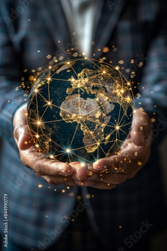 Global Connectivity Concept: Businessman Holding Globe with Network Connections for Digital Marketing and Innovative Development