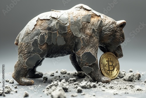 Cracked bear sculpture holding Bitcoin