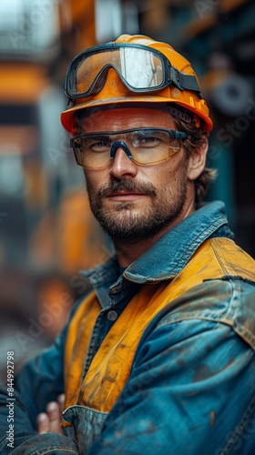 Confident male construction worker with safety gear looking directly at the camera, wearing a helmet and protective glasses, in a construction site © aicandy