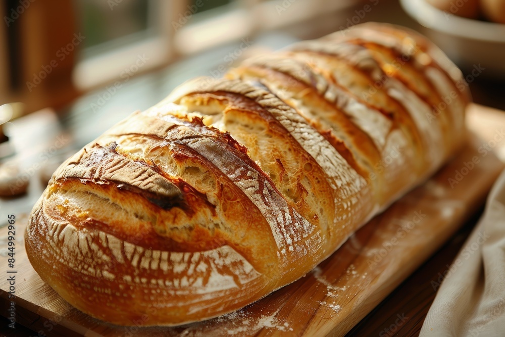 A beautifully baked artisan loaf of bread with a golden-brown crust, resting on a wooden cutting board in a cozy, softly-lit kitchen environment A beautifully baked artisan loaf of bread with a golden-brown crust, resting on a wooden cutting board in a cozy, softly-lit kitchen environment