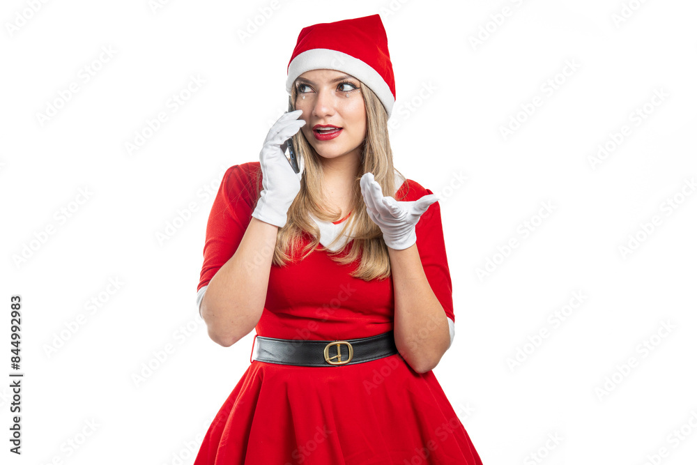 Young woman dressed as Santa Claus talking on cell phone Young woman dressed as Santa Claus talking on cell phone