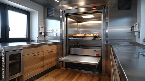 A modern industrial kitchen featuring a state-of-the-art stainless steel dumbwaiter system transporting a tray of fresh fruits between floors
