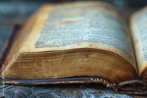 An old and weathered open book resting on a rustic wooden surface, showcasing its aged pages and intricate text likely of historical or religious significance