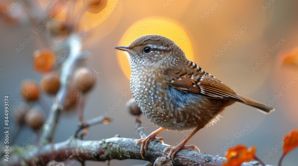 A beautifully detailed photograph of a small bird perched on a branch, showcasing its intricate feather patterns against a warm, softly blurred background with bokeh effect A beautifully detailed photograph of a small bird perched on a branch, showcasing its intricate feather patterns against a warm, softly blurred background with bokeh effect