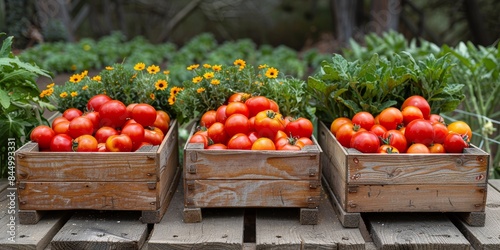 A vibrant display of freshly picked tomatoes  accompanied by lush greens and vibrant flowers in rustic wooden crates  showcasing farm-fresh produce at its finest