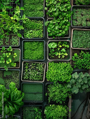 An aerial shot of an indoor microgreen farm with numerous trays filled with a variety of leafy greens. Generative AI