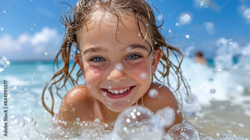A young girl with wet hair and blue eyes smiling brightly while lying in the shallow waves of a clear blue ocean under a sunny sky A young girl with wet hair and blue eyes smiling brightly while lying in the shallow waves of a clear blue ocean under a sunny sky