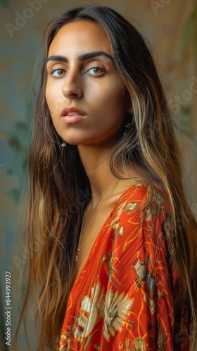 Close-up portrait of a woman with long hair, wearing a vibrant red-orange floral patterned outfit, staring intently into the camera in a serene indoor setting