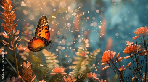 Mystical and romantic depiction of a butterfly landing on a blurry background of exotic plants and flowers transporting the viewer into a whimsical world of nature and beauty. . © Justlight