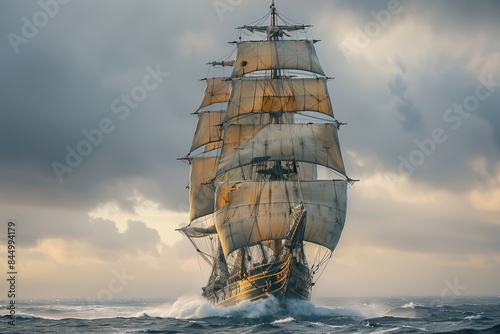 A majestic 19th-century tall ship sailing on rough seas under a dramatic, stormy sky, capturing the adventurous spirit and historic voyages of the era photo