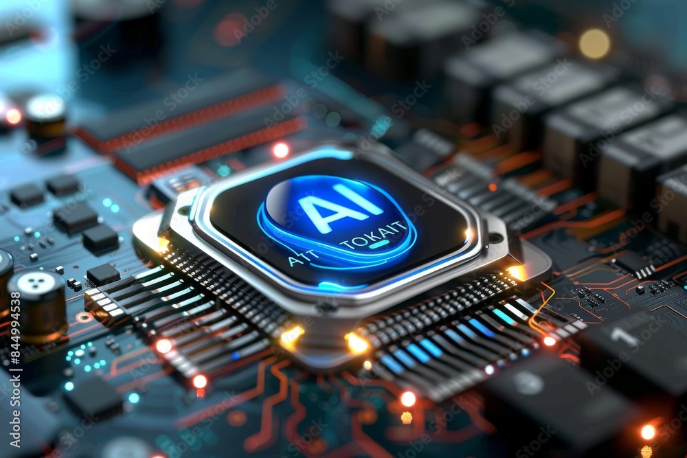 Fototapeta premium AI Processor on Circuit Board, Advanced Artificial Intelligence Technology, Futuristic Digital Components