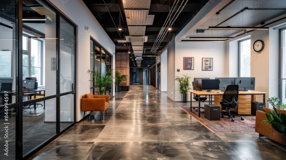 Fototapeta premium A modern open-plan office workspace featuring sleek interior design elements, glass partition walls, contemporary furniture, and ample natural lighting with plants adding a touch of greenery