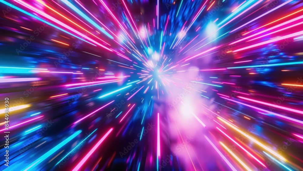 Fototapeta premium 3D render, abstract neon light rays background with colorful glowing lines and explosion effect