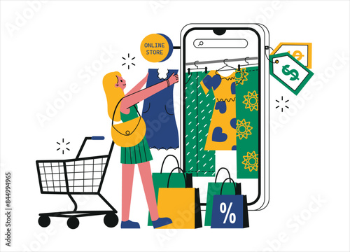 Online Shopping Concept Illustration. Woman Choosing Clothes at Online Store Illustration.