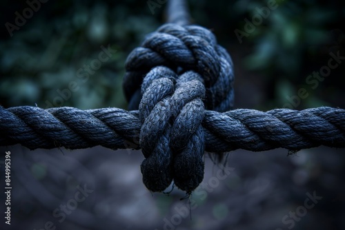 A tightly knotted rope intersecting at a central knot, photographed up-close against a blurred natural background of greenery and earth tones