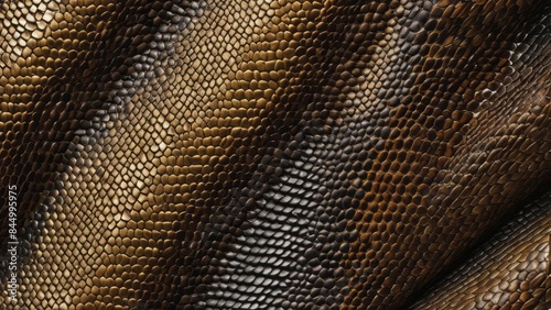 Black and brown python, snake or reptile skin background, crocodile skin backdrop horizontal format for banner. King snake leather texture, pattern for poster. Cupro metallic effect photo