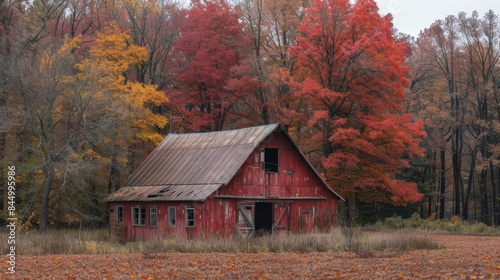 A picturesque autumn scene featuring a charming old red barn nestled among vibrant red, orange, and yellow foliage in a serene rural setting