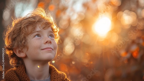 An enchanting scene of a young child with curly hair and freckles looking up at the golden sunlight in a beautiful autumn setting