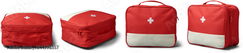 Photography red first aid kit bags in different angles isolated white background, portable m