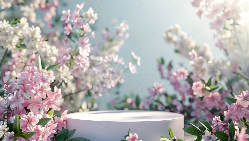 White round podium with white and pink flowers in the background, spring garden background 3D rendering, closeup. White round podium with white and pink flowers in the background, spring garden background 3D rendering, closeup.