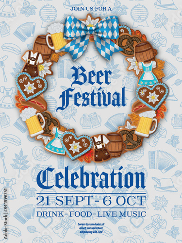 oktoberfest background with gingerbread cookies and doodles. german beer festival poster with gingerbreads wreath 