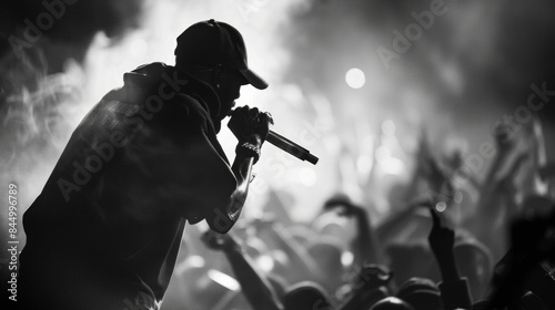 The blurry background of a rap concert reveals a sea of bodies writhing to the beat as the artist on stage dominates the foreground with their raw unbridled passion and commanding .