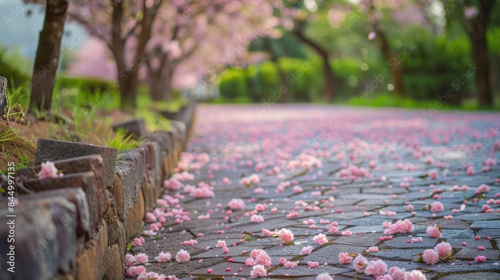 Blossoms on vacant stone barrier and paved road Blossoms on vacant stone barrier and paved road