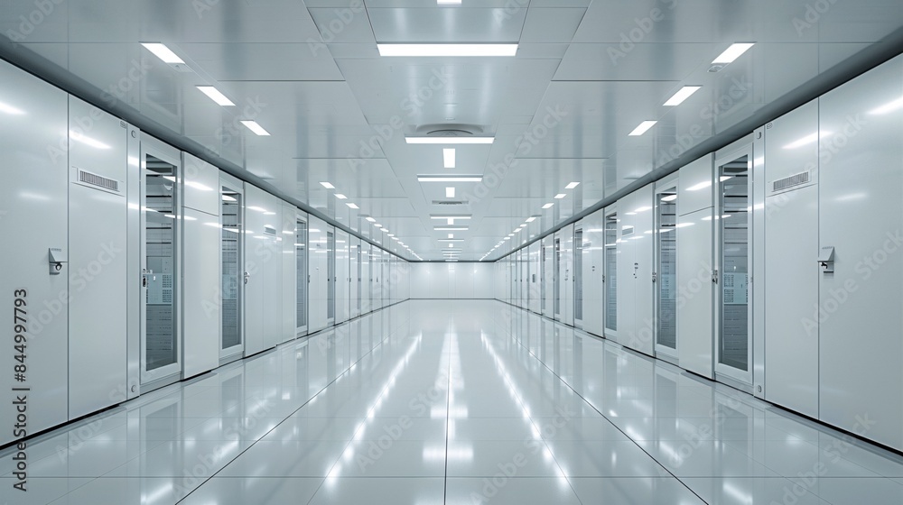 A wide-angle view of the interior space in an all-white data center, with rows and columns of server cabinets against white walls, all under bright lighting. The scene includes a flat floor covered A wide-angle view of the interior space in an all-white data center, with rows and columns of server cabinets against white walls, all under bright lighting. The scene includes a flat floor covered