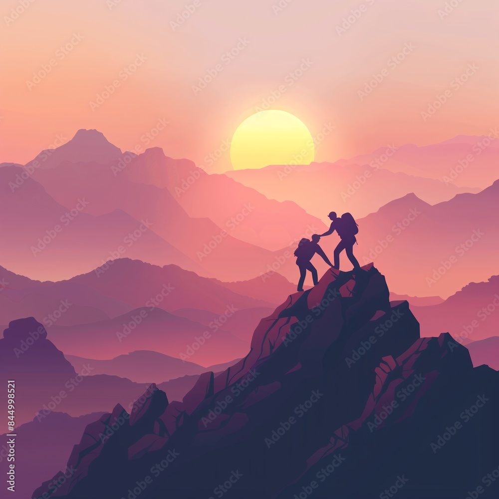 Teamwork Hiking Silhouette: Men Help Each Other on Mountain Summit at Sunrise Teamwork Hiking Silhouette: Men Help Each Other on Mountain Summit at Sunrise
