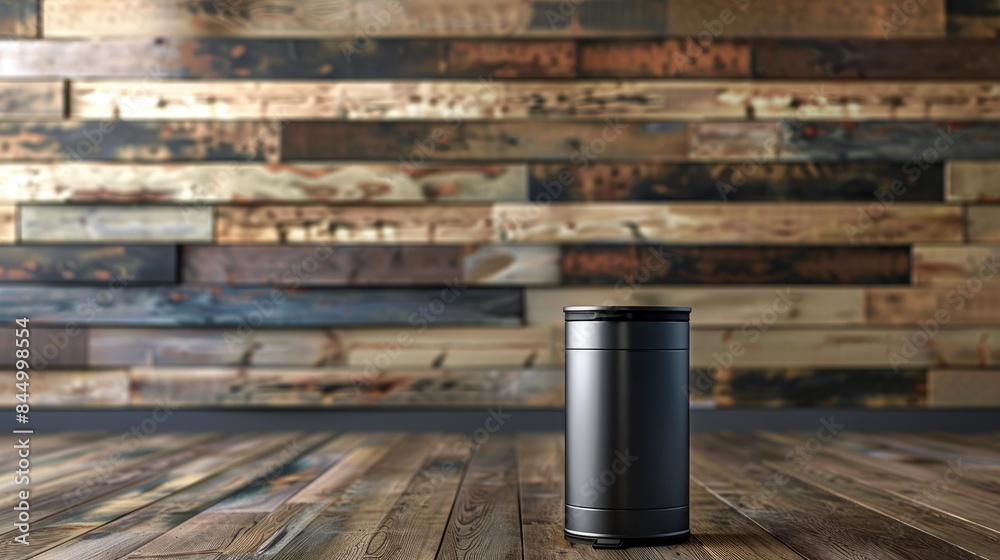 Modern round recycle trash bin in coffee shop with wooden background Modern round recycle trash bin in coffee shop with wooden background