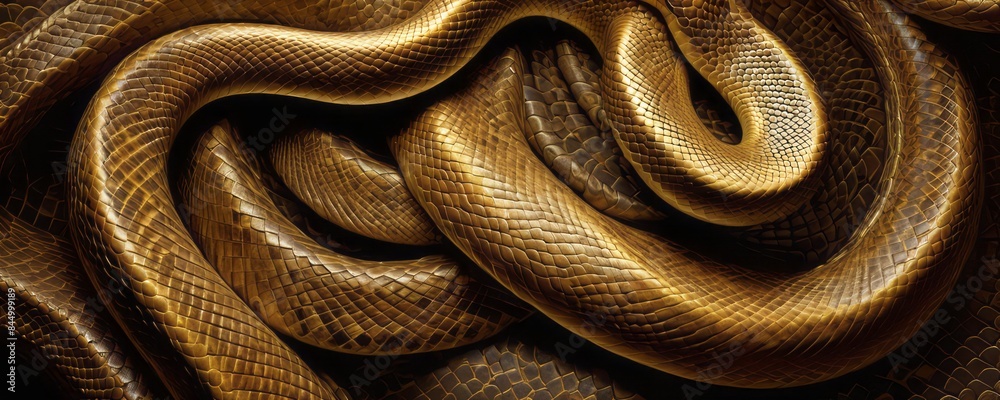 Fototapeta premium Gold and black python, snake or reptile skin background. King snake scale metallic texture, pattern for banner, wallpaper, poster. Snake as a Symbol of the year 2025. 