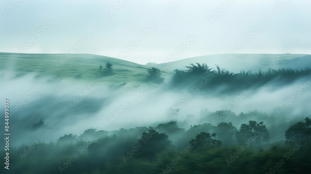 A blurred landscape of rolling hills and twisted trees shrouded in a misty cover of lowhanging clouds. . A blurred landscape of rolling hills and twisted trees shrouded in a misty cover of lowhanging clouds. .