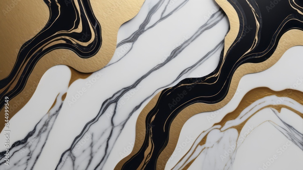 Black, gold liquid acryl on white marble abstract background, polished granite surface, close-up view. Flat lay, top view. Stone beige backdrop for banner, poster, wallpaper design