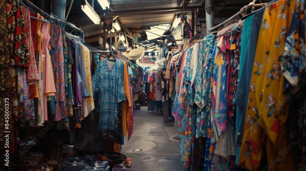 Fototapeta premium The stalls fade into the background as rows of mismatched clothing pieces create a dreamy and eclectic backdrop for the bustling marketplace. .