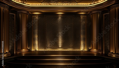 A gold room with a stage and a large wall with a gold frame