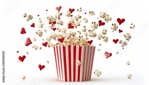 A red and white popcorn box with hearts flying out of it