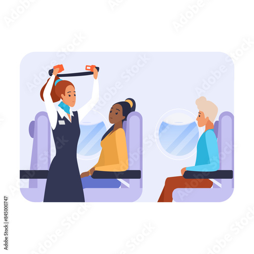 Flight attendant standing in aisle of airplane to explain seat belt instructions vector illustration